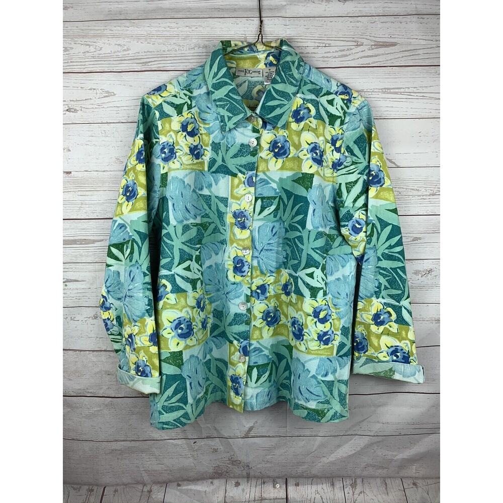 The Tog Shop Women's Jacket Blue Floral 100% Cotton Lightweight Button Up Sz MD‎